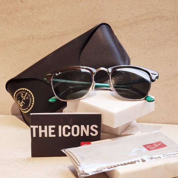 Genuine Ray-Ban RB3106 Clubmaster w/ Black Frame over Silver w/ Green Temples - Picture 1 of 7